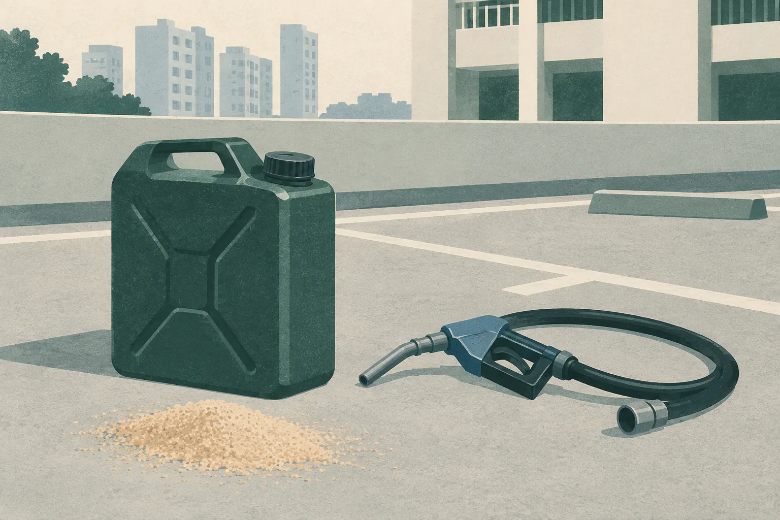 A capped fuel tank and disconnected hose rest beside a small patch of sawdust on marked car-park pavement, with a simplified residential estate wall behind them.