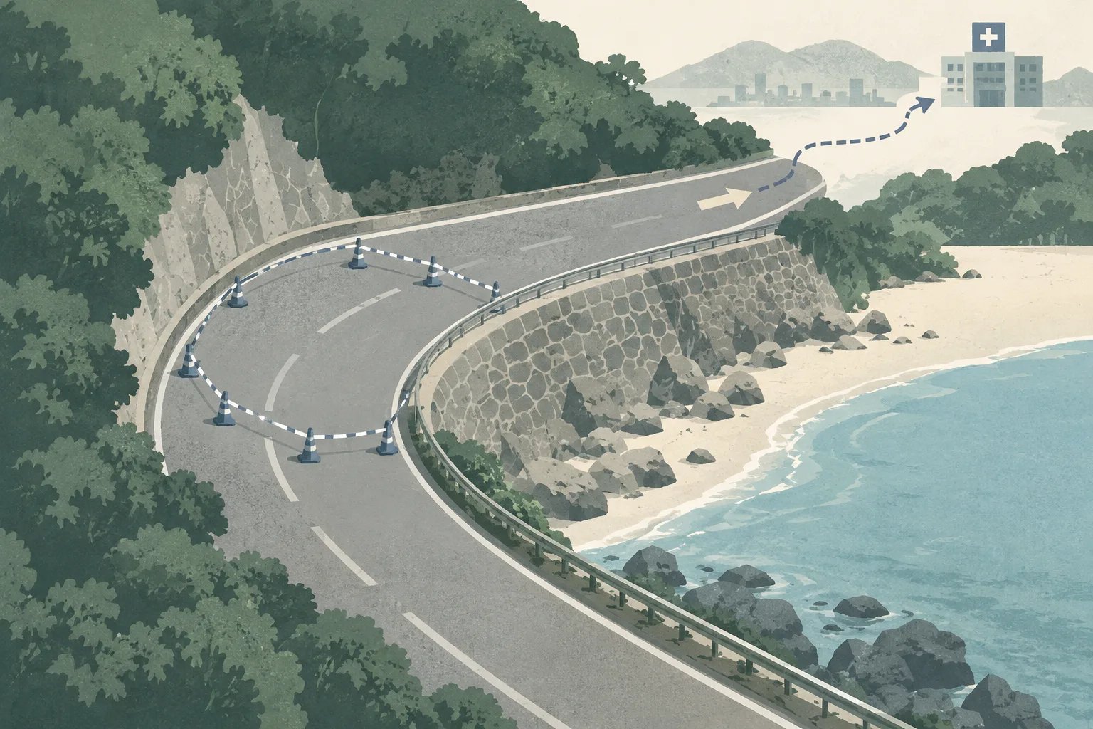 Top-down graphic of a curved coastal road beside a stone embankment, marked with a restrained investigation boundary, a Kowloon direction arrow and a small hospital destination symbol.