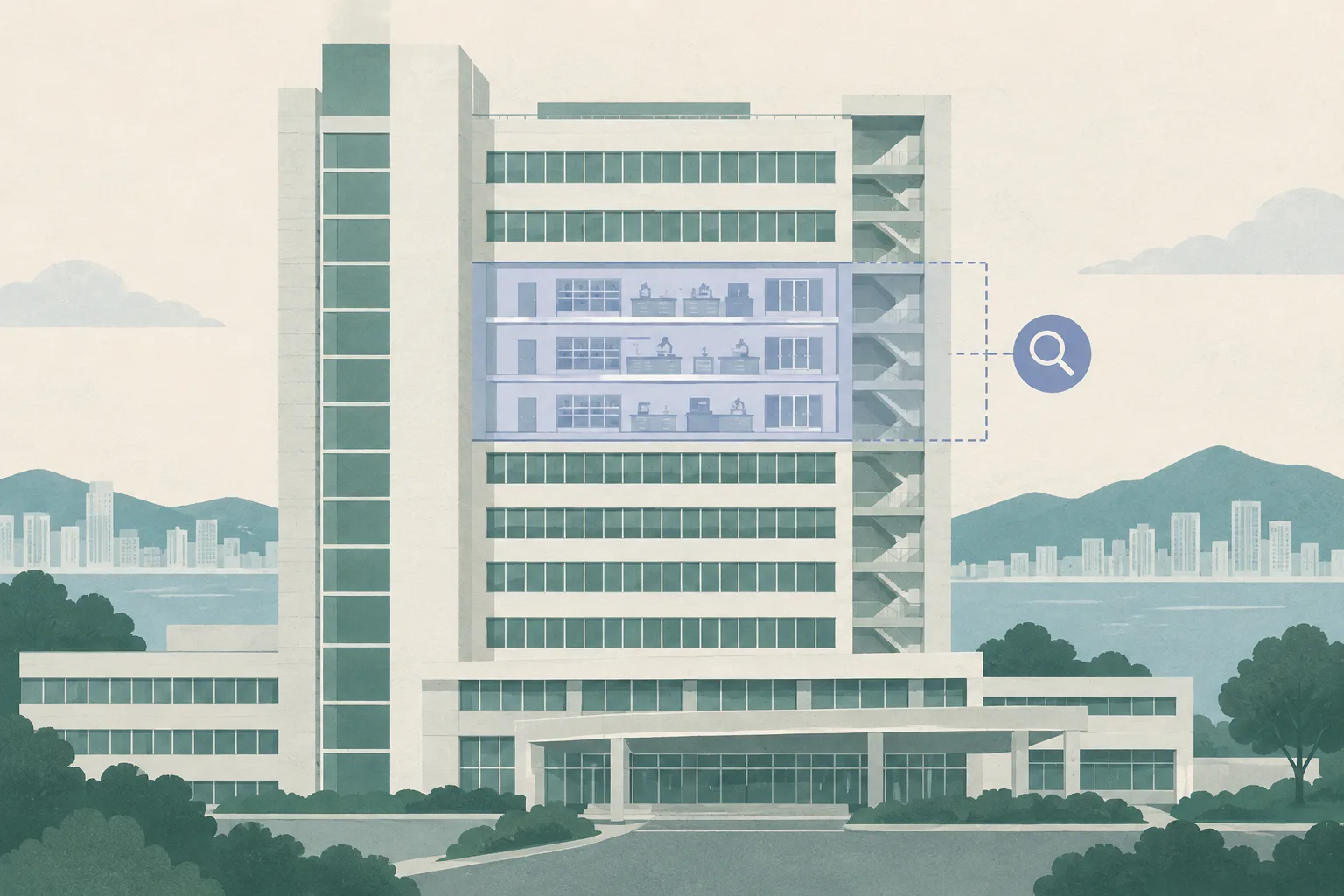 A flat graphic of a simplified hospital tower, with three stacked floors in one block separated by a muted boundary band and a small inspection marker; the lower emergency-services area remains visually continuous.