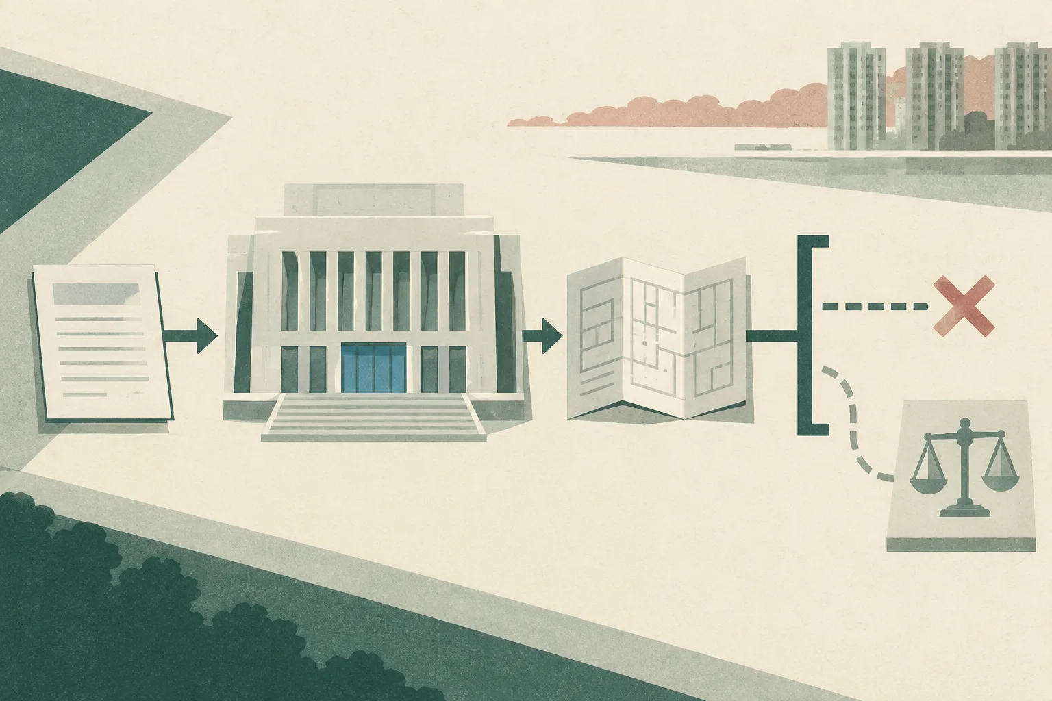 A restrained diagram shows a simplified court building, a folded architectural plan, a plain petition document and a closure bracket separated from a small interrupted muted strip at the edge.
