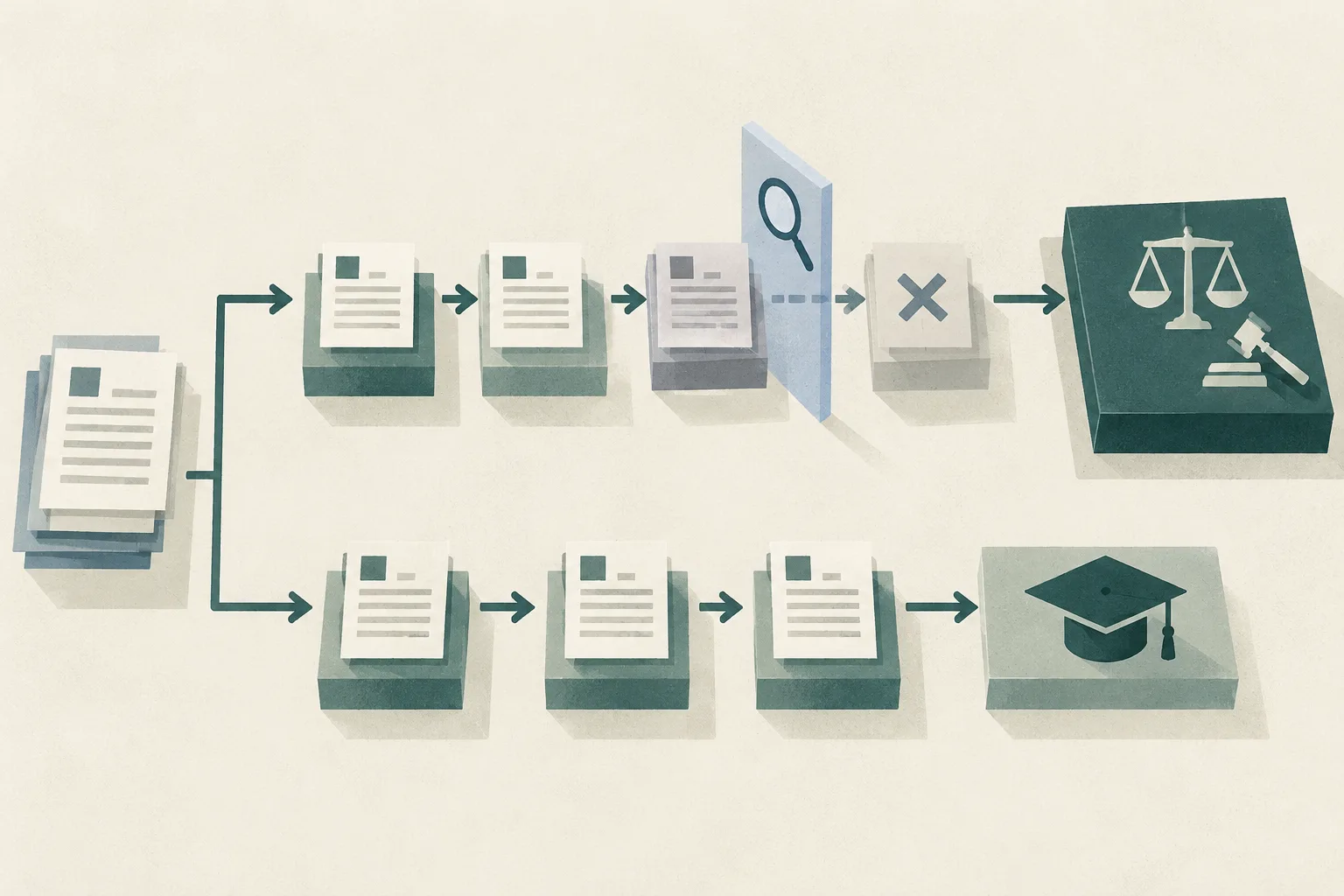 Top-down editorial illustration of an academic admissions workflow made from forms and connected review boxes, with one qualification document stopped at a verification checkpoint and a separate court-record panel closing the process; an alternate route remains clear.