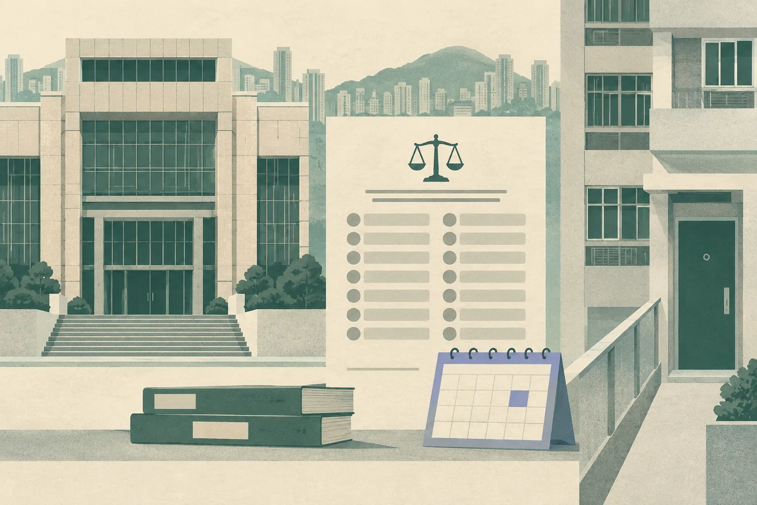 A flat graphic collage pairs a simplified Hong Kong magistrates’ court façade with a residential apartment exterior, a closed doorway, neutral legal-document tabs and a small court-calendar panel.