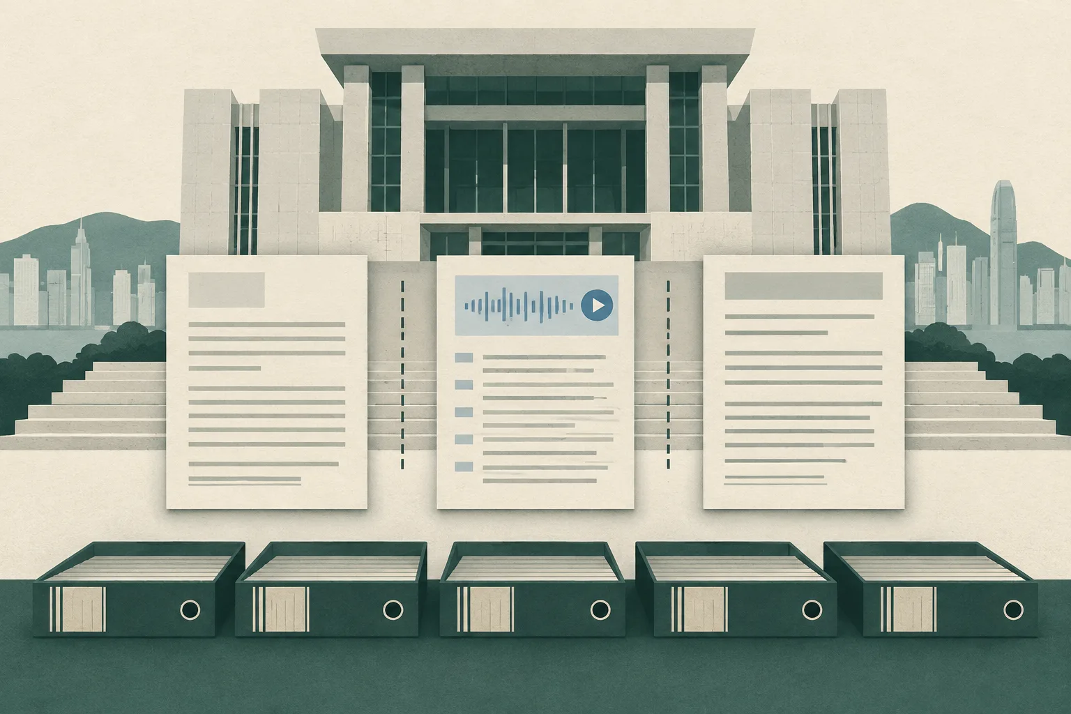 A subdued cut-paper illustration of a simplified High Court façade with three separated transcript panels, a small recording motif and five closed unlabelled case-file spines, arranged as an ongoing disputed legal process with no people shown.