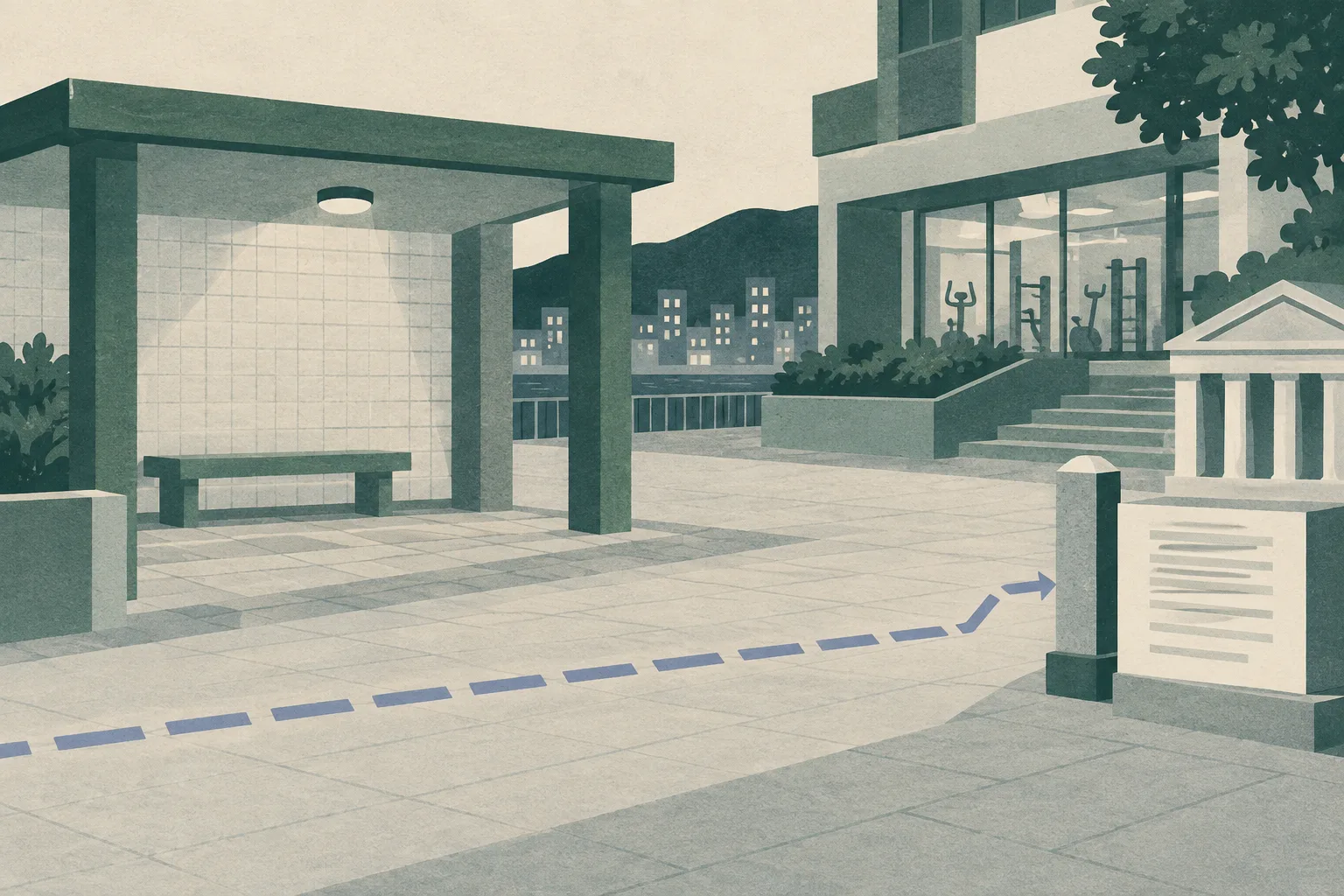 A people-free cut-paper illustration of a tiled public rest area at night, with a bench, overhead light, adjacent urban building forms and an interrupted line across the paving leading to a restrained courthouse block.