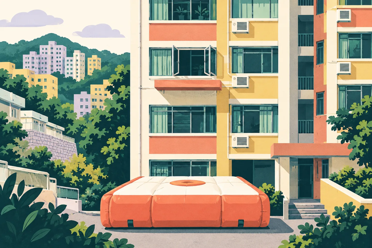 A cut-paper architectural illustration of a residential facade with an open window above a projecting exterior ledge and a simplified air cushion below, set against layered hillside building shapes with soft coral, mineral blue and dusty teal accents.