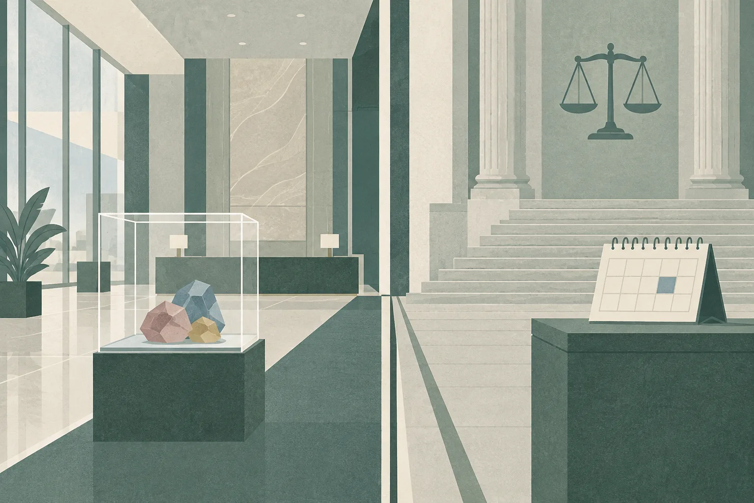 Flat cut-paper illustration of an empty airport hotel display case with abstract coloured gemstone shapes, connected by a threshold line to a restrained courthouse calendar panel marked 11 November.