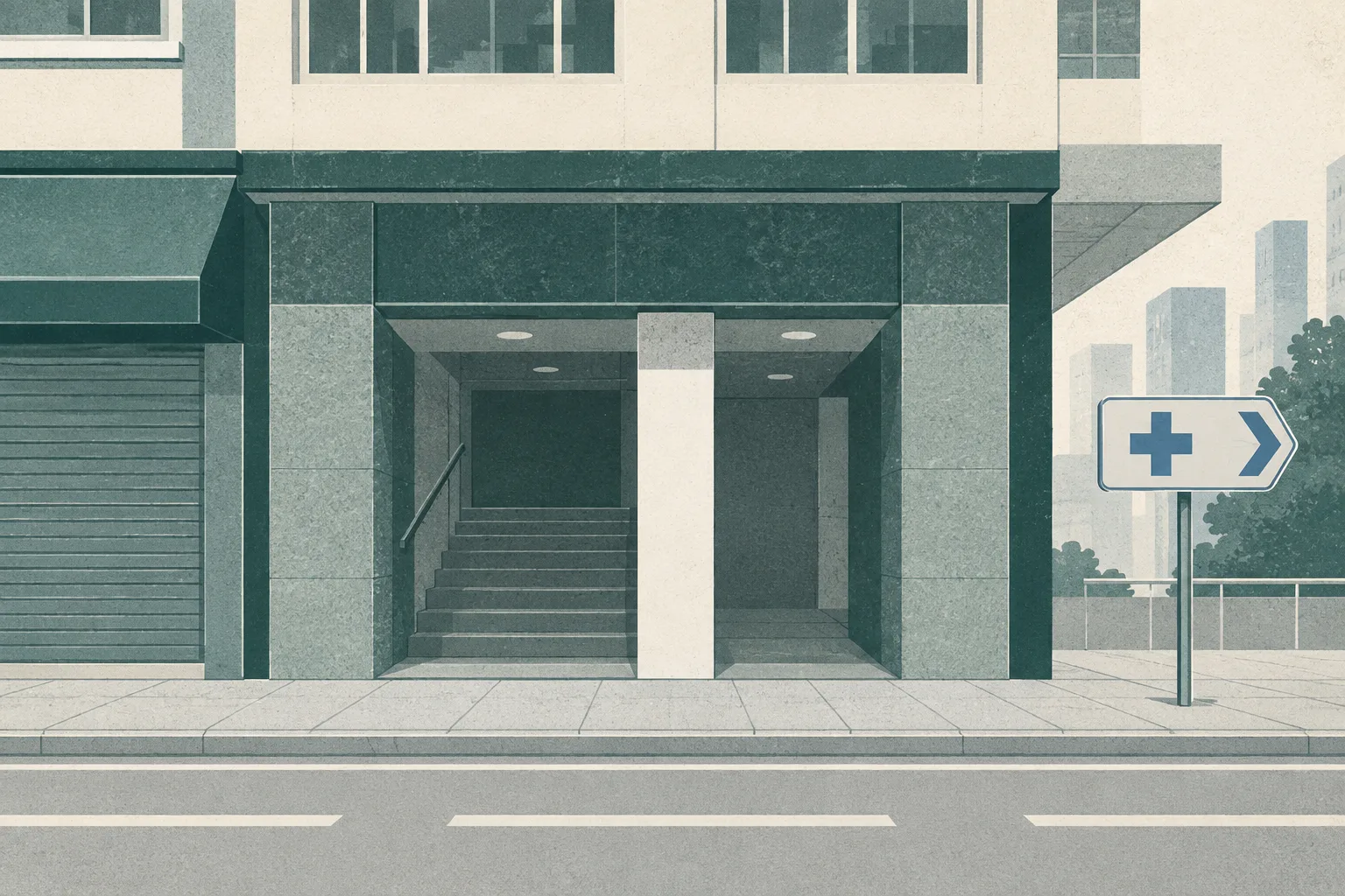 A restrained cut-paper illustration of a numbered Mong Kok building frontage marked 731–733, showing an empty recessed entrance and a small abstract hospital-direction marker separated by a quiet geometric interruption.