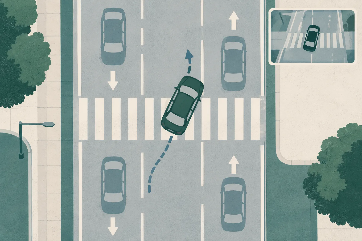 Top-down editorial illustration of a simplified roadway and zebra crossing, with a geometric car form crossing into the opposing lane and directional arrows marking the wrong-way movement; no people are shown.