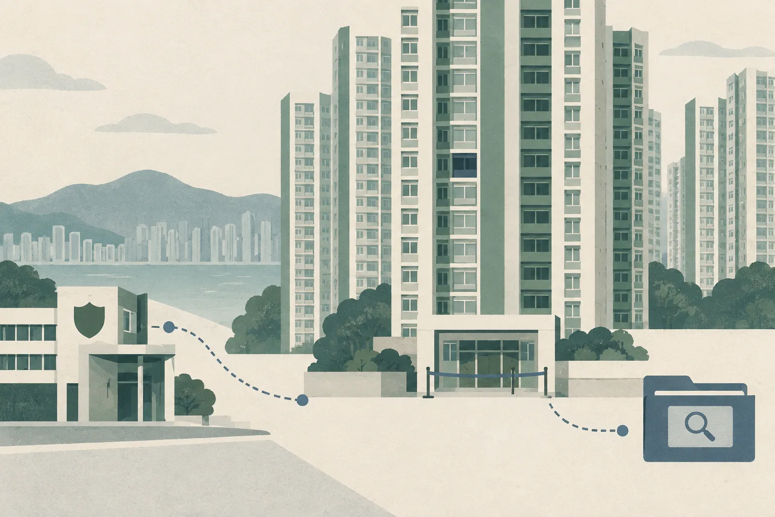 A restrained cut-paper illustration of a Hong Kong residential estate facade with one darkened apartment window, a thin connector to an abstract police-station marker, and a small investigative boundary band.