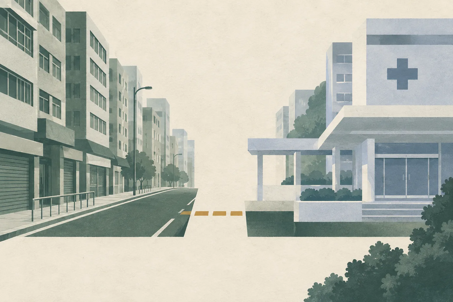 A sparse cut-paper architectural collage of simplified Hong Kong street blocks leading toward a pale hospital facade, with the route interrupted by a quiet gap and an empty doorway.