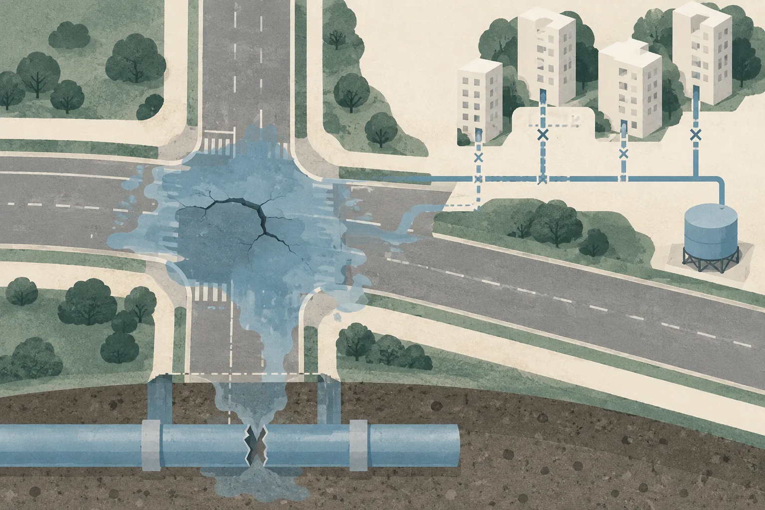 Top-down cut-paper diagram of a Fanling road junction with muddy water spread over cracked road surfaces, an exposed broken underground water pipe, interrupted connections to simplified estate blocks, and a small temporary water tank.