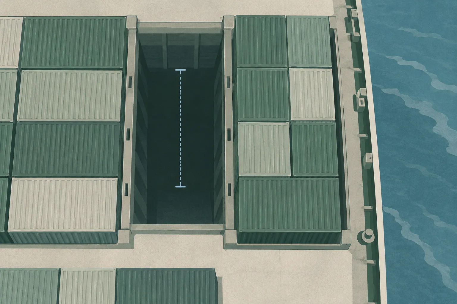 Top-down cut-paper diagram of a cargo-ship hold with rectangular container forms arranged around a dark structural gap, a neutral 12-metre depth marker, and a small surrounding field of offshore water.