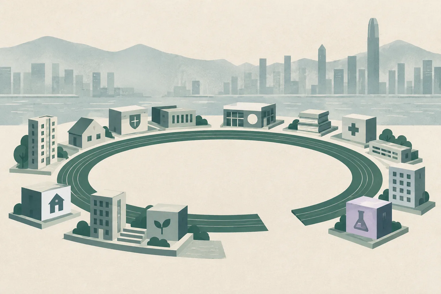 A flat cut-paper illustration of an empty oval running track surrounded by eleven abstract civic modules, including simplified housing blocks and a childcare-services pavilion, with an intentional gap in the circuit.