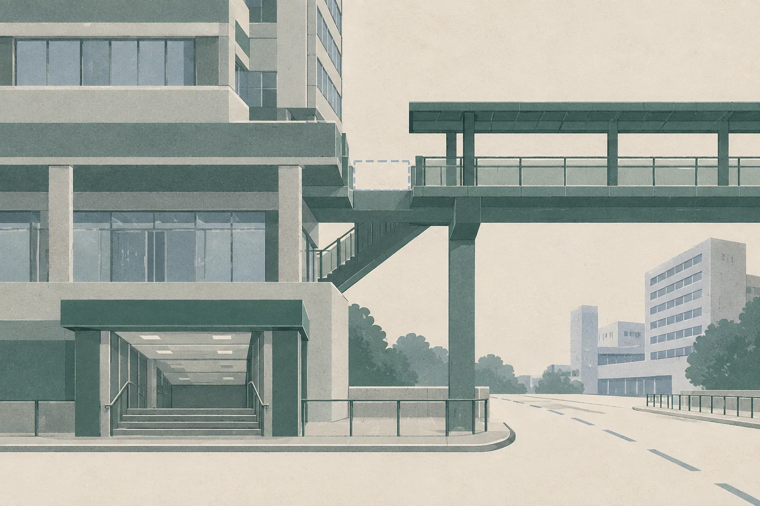 A subdued cut-paper architectural illustration of a station exit and footbridge platform beside a bank frontage, linked to an upper building mass by an interrupted vertical line and an empty boundary marker; no people are shown.