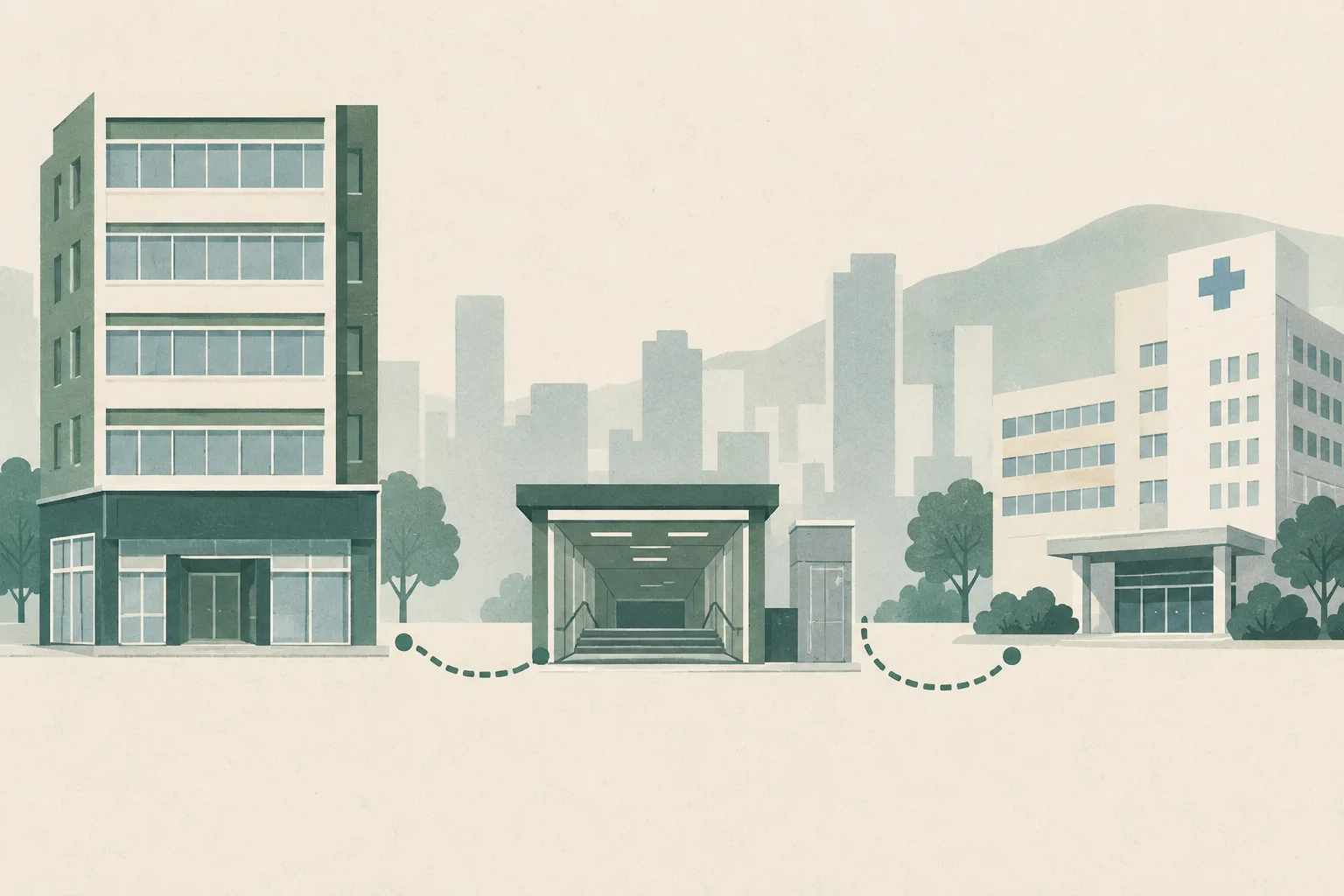 A restrained cut-paper illustration of a commercial-building frontage, a Yau Ma Tei MTR A1 entrance and a small hospital block, connected by an interrupted route line in muted blue and neutral tones.