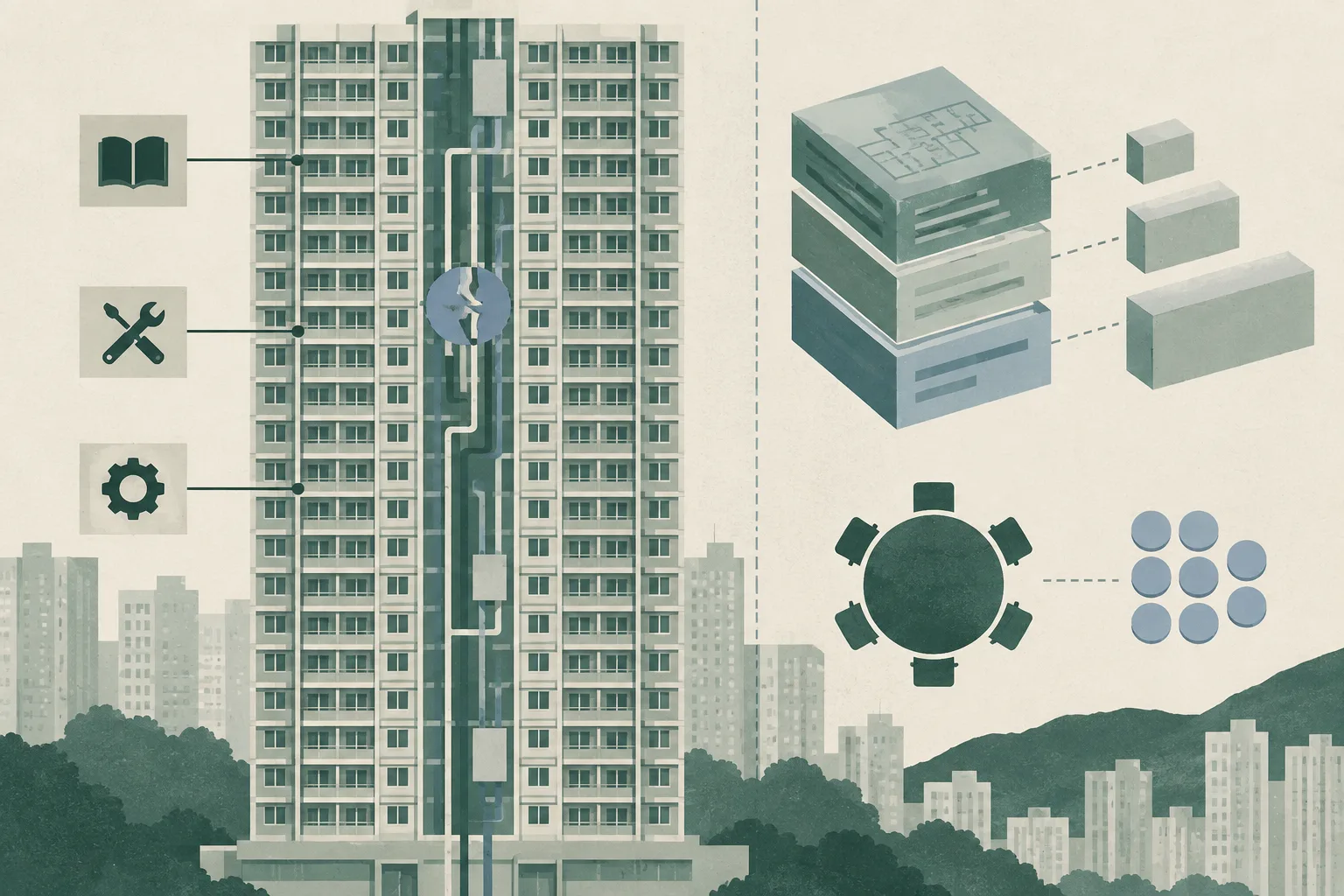 A flat cut-paper illustration of a simplified residential tower divided into maintenance, information and governance sections, with an interrupted service line and a small meeting-circle diagram containing proxy-vote tokens.