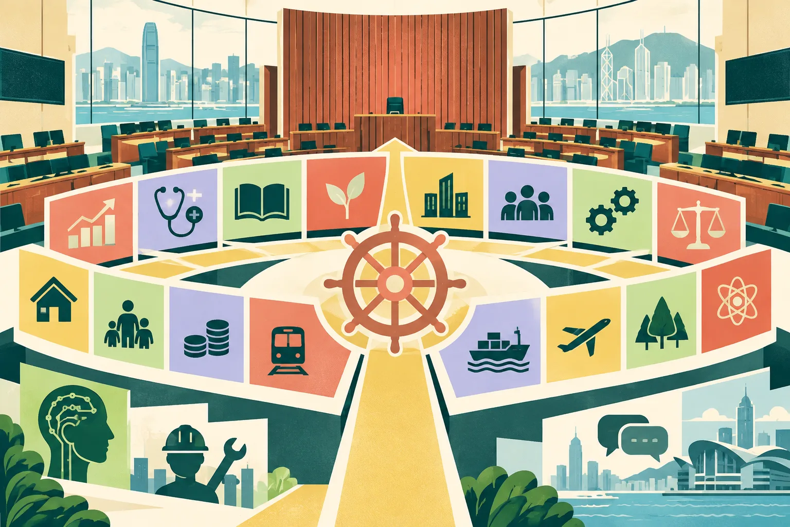 Flat cut-paper illustration of an empty Legislative Council chamber with fifteen colourful geometric portfolio panels linked by a central directional band and a small navigation-wheel motif.