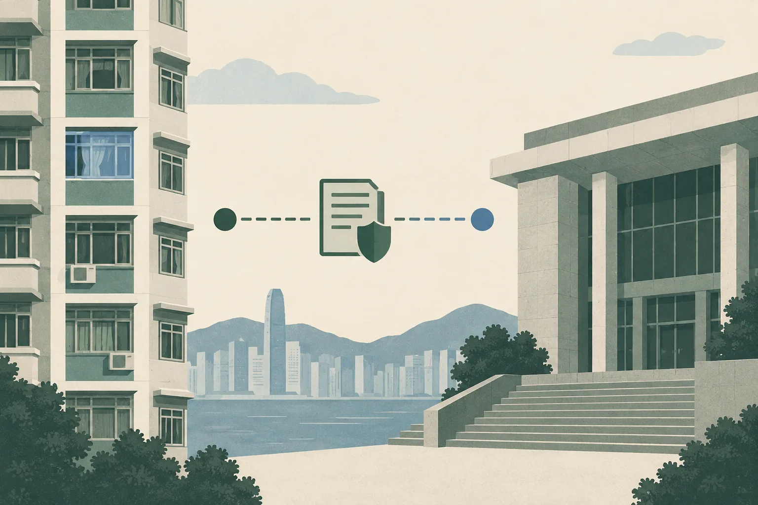 Flat collage of a closed apartment doorway within a simplified Wan Chai residential facade, paired with a minimal magistrates’ court frontage and an interrupted timeline leading to a later hearing marker.