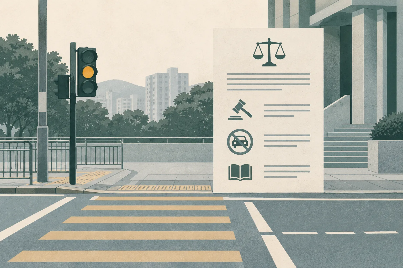 Flat cut-paper illustration of an empty Yuen Long pedestrian crossing with road markings, a muted amber traffic signal, lamp post FA7842 and a simple vertical court-like panel.