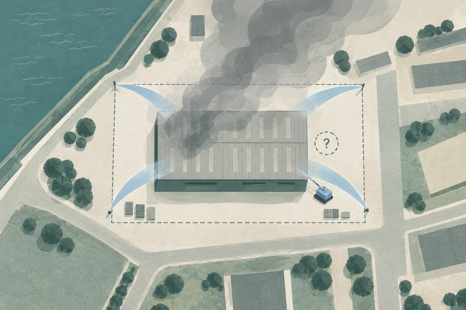 A top-down cut-paper diagram shows a rectangular warehouse site within a measured boundary, layered grey smoke bands above it, four restrained blue-grey water arcs directed inward, and a small geometric firefighting robot marker. An interrupted dotted line indicates an unresolved investigation.