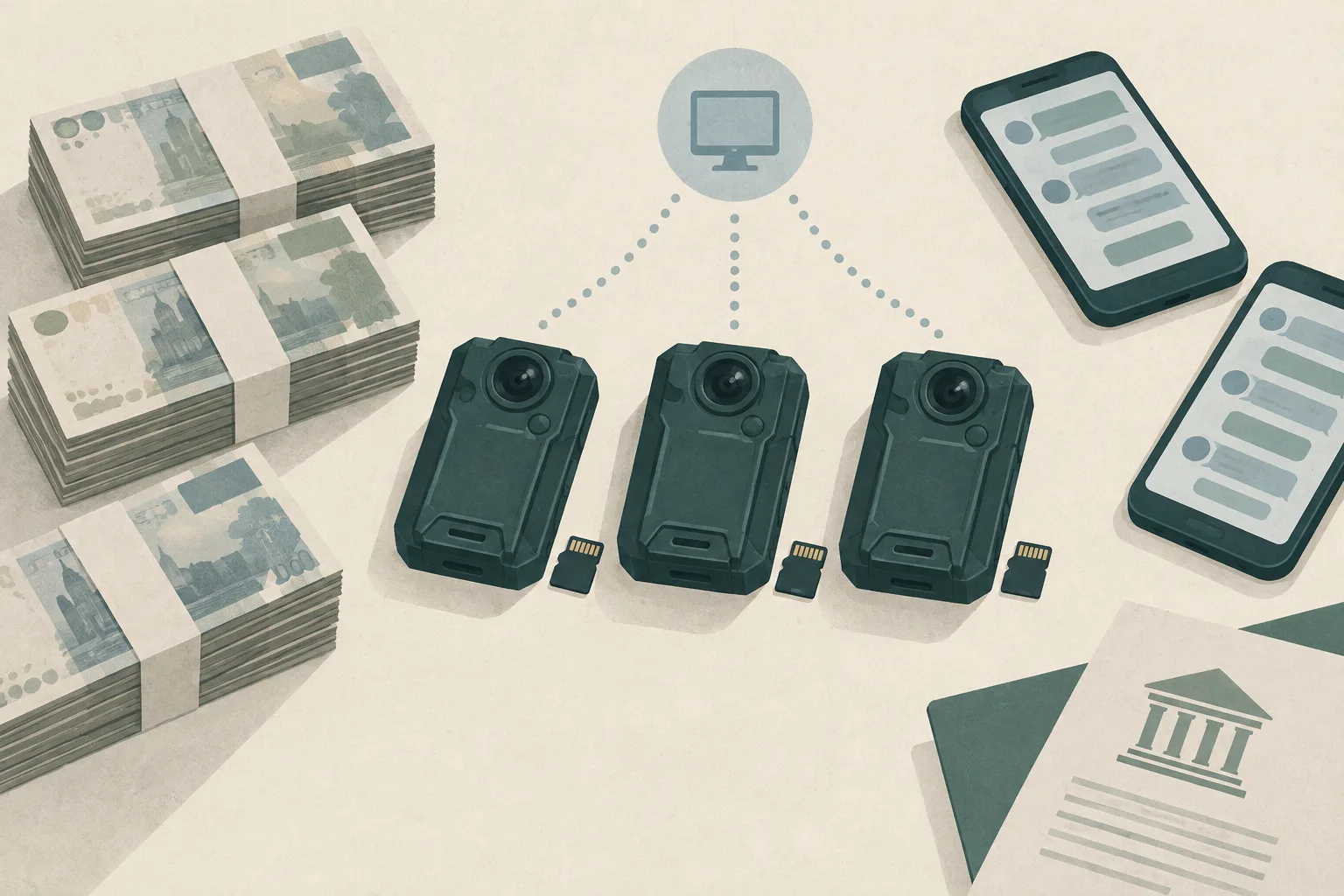 Top-down editorial illustration of three matching body cameras, two mobile phones, separated bundles of banknotes and a small courthouse-shaped form, connected by a restrained dotted signal diagram on a pale surface.