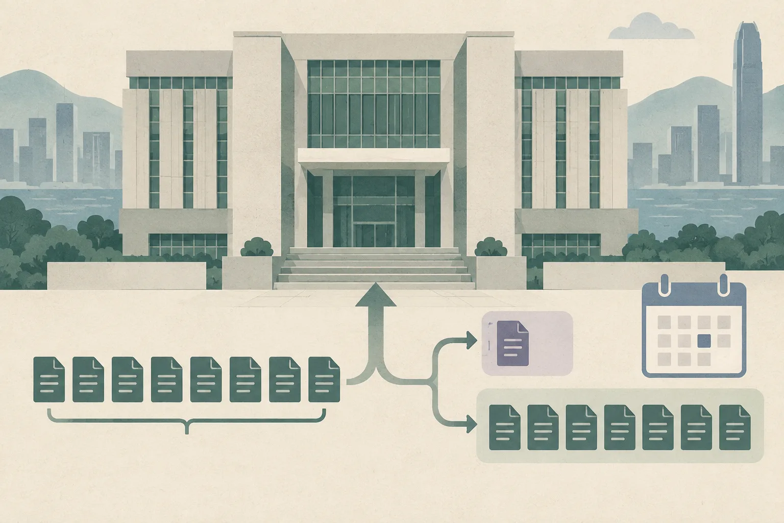 A cut-paper illustration of a Hong Kong magistrates’ court beside an abstract legal-process diagram with eight case markers, one custody path, seven bail markers and a calendar tile for a later hearing.