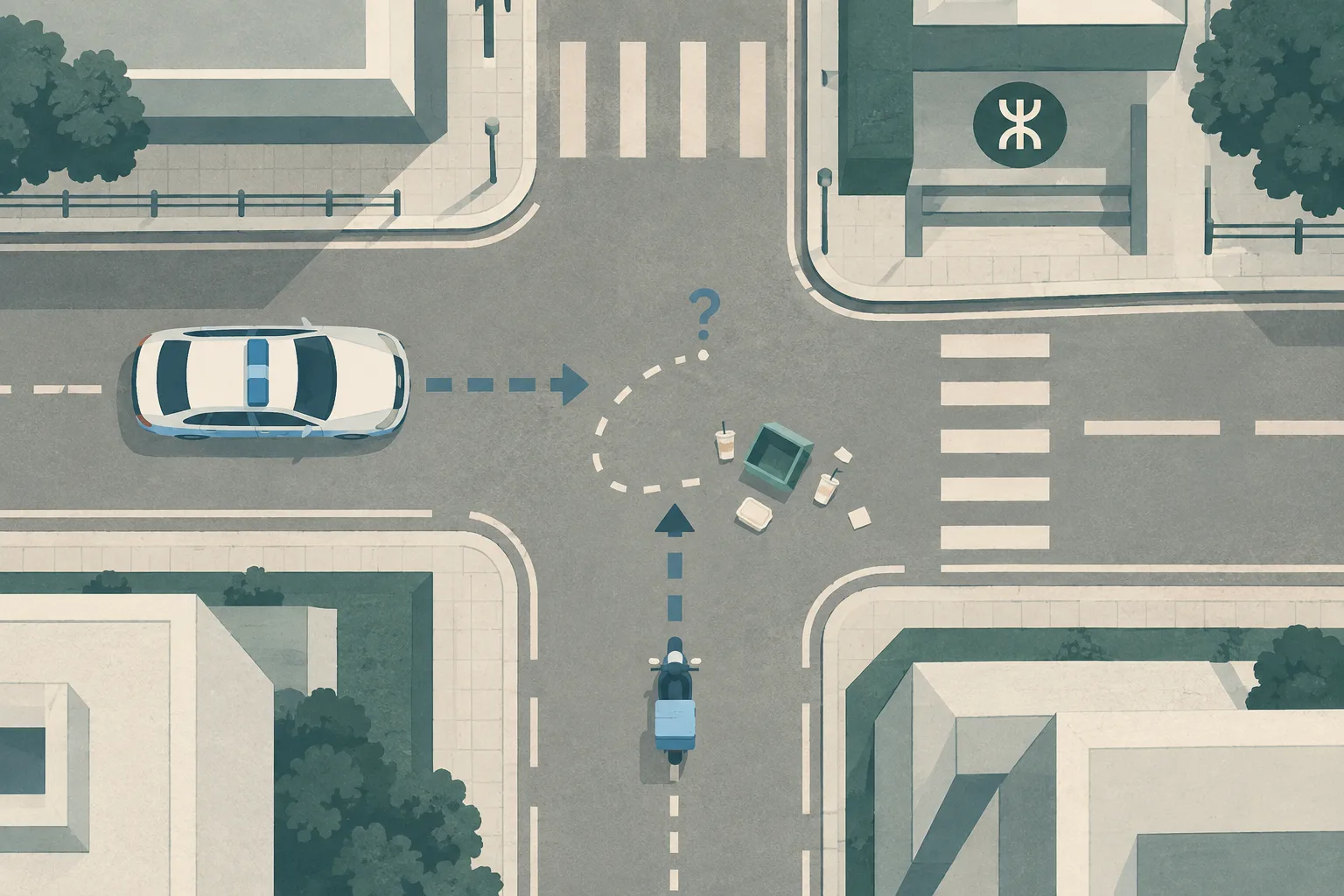 Top-down cut-paper diagram of a road near a simplified MTR station, with a police-car shape and an electric two-wheeler shape approaching from different directions, interrupted route lines, and scattered takeaway-food parcels.