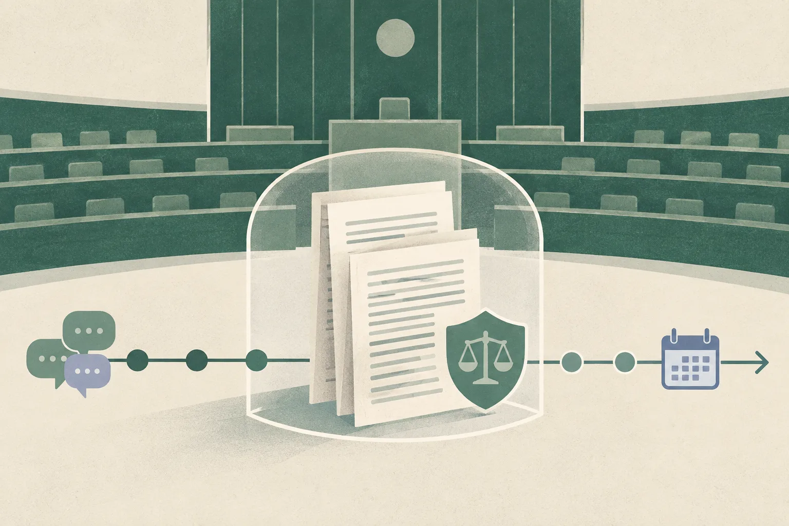 An unoccupied stepped legislative chamber sits behind a layered legal document, which crosses a measured timeline toward a review point inside a clear protective frame, in muted blue and paper-toned shapes.