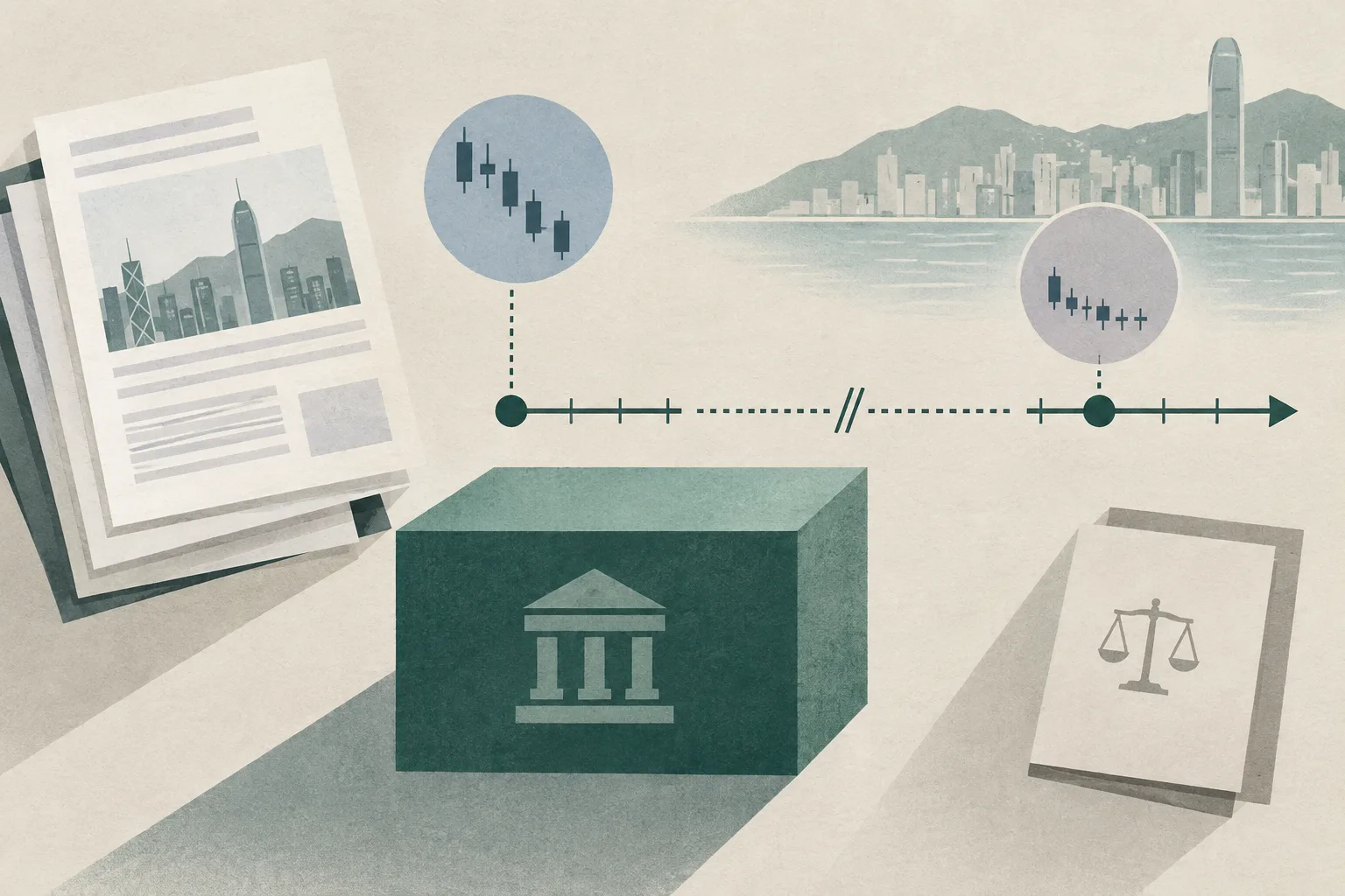 Top-down cut-paper diagram with a blank prospectus sheet, a separated deposit block, an interrupted horizontal trading timeline, two descending price markers and a closed court-file rectangle.