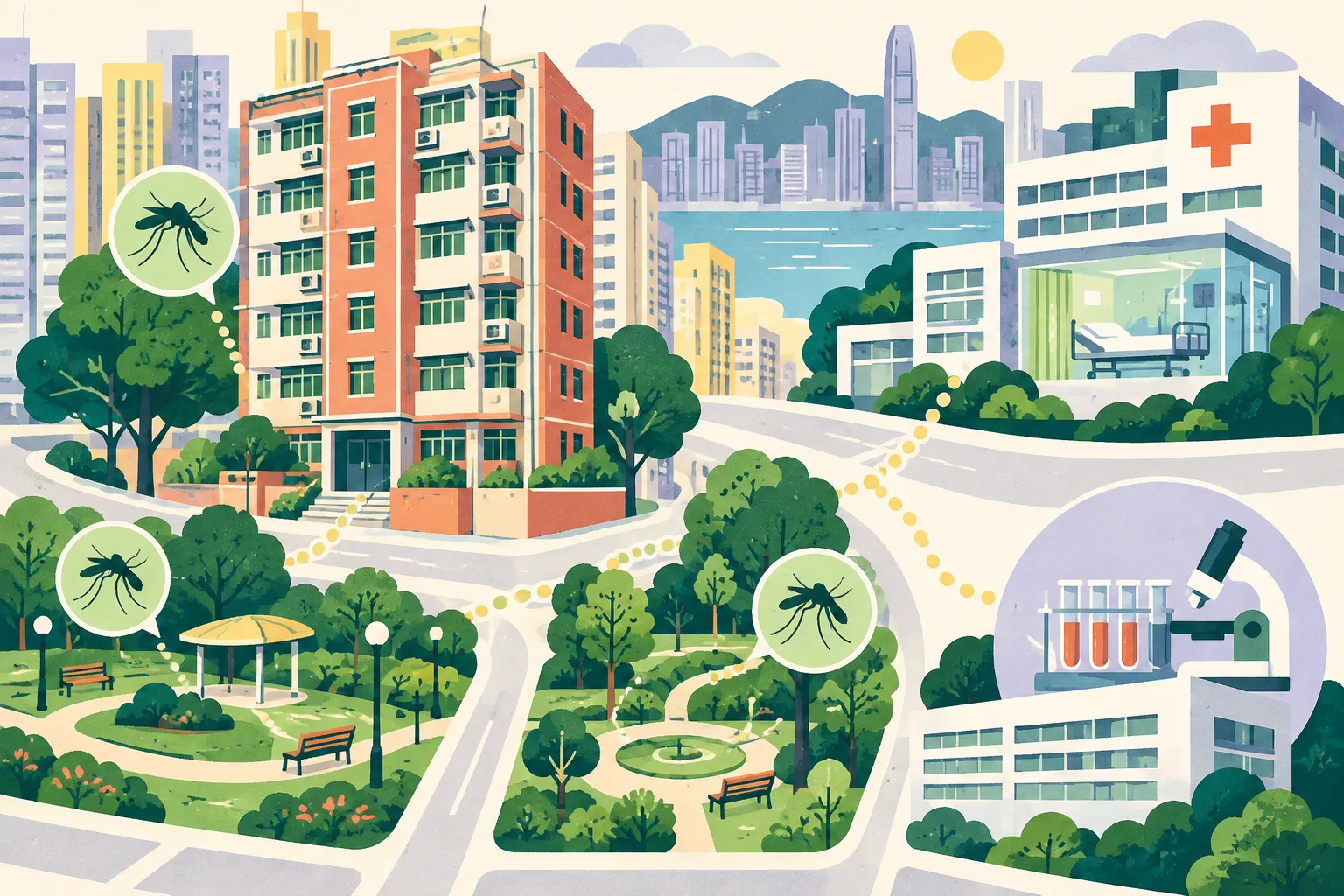A cut-paper neighbourhood illustration shows a Tai Kok Tsui residential block, two small parks, a screened hospital ward and a public-health laboratory symbol connected by open dotted lines, with abstract mosquito marks near the home and park edges.