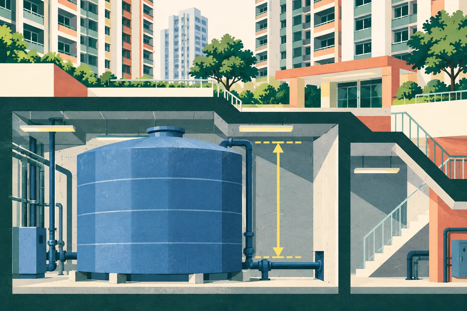 A cut-paper style architectural diagram of a basement water tank beside simplified residential estate walls, with a clear vertical marker showing approximately three metres and an open, interrupted maintenance zone.