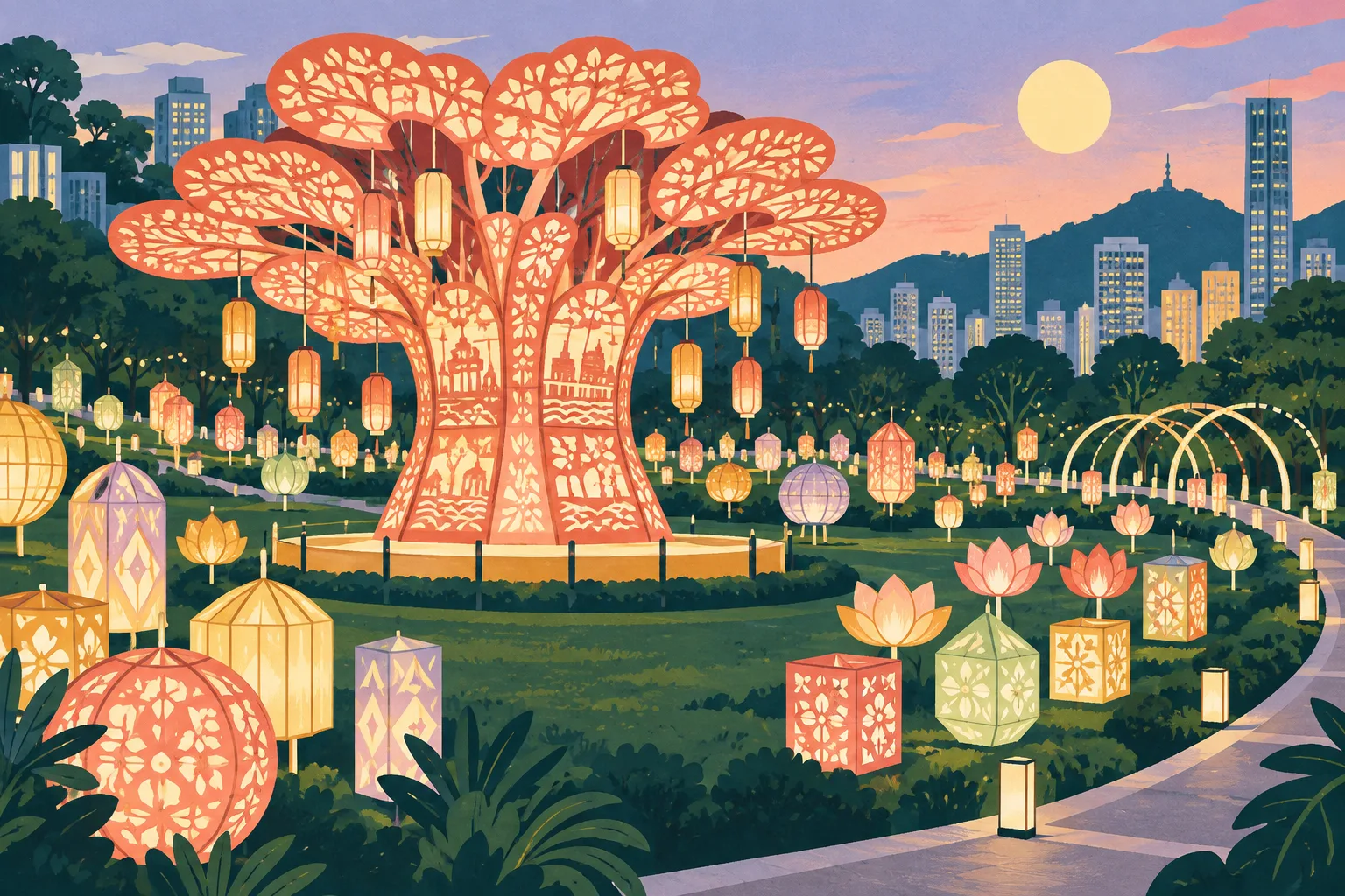 Flat cut-paper illustration of Victoria Park at dusk with a large branching banyan-tree lantern at the centre, surrounded by many varied smaller lanterns, layered park shapes and a soft evening glow.