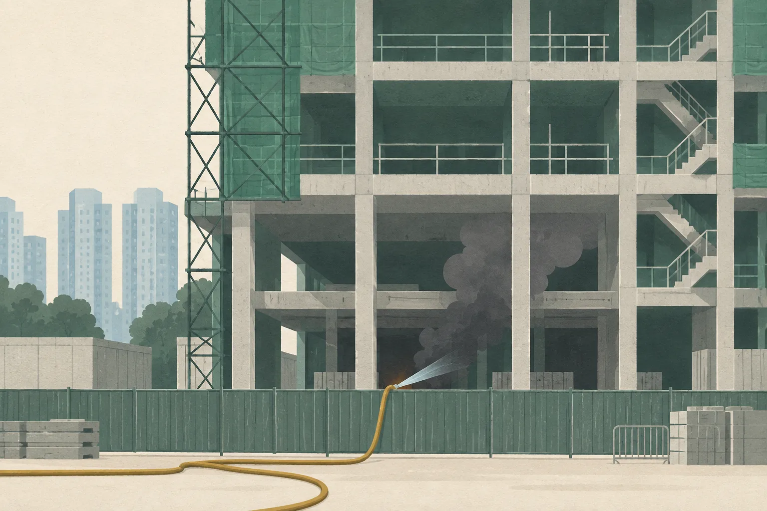 Flat cut-paper illustration of a public-housing construction site with an exposed lower level, a small dark smoke plume, a coiled firefighting hose, and a metal fence in the foreground.