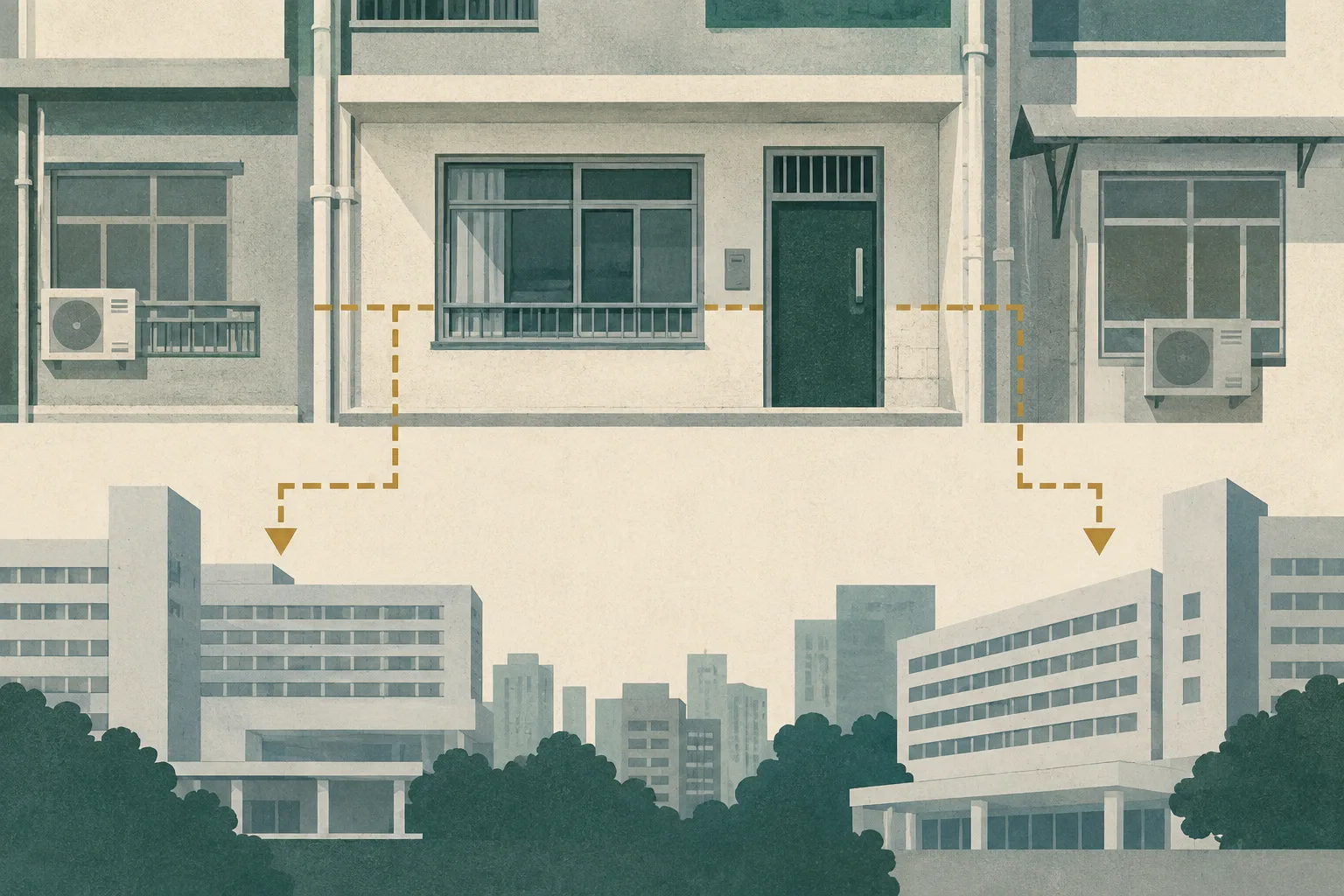 A flat cut-paper illustration of an anonymous Mong Kok tenement facade, with one upstairs unit, an interrupted boundary line and two separate neutral destination blocks suggesting different hospitals. No people or incident details are shown.