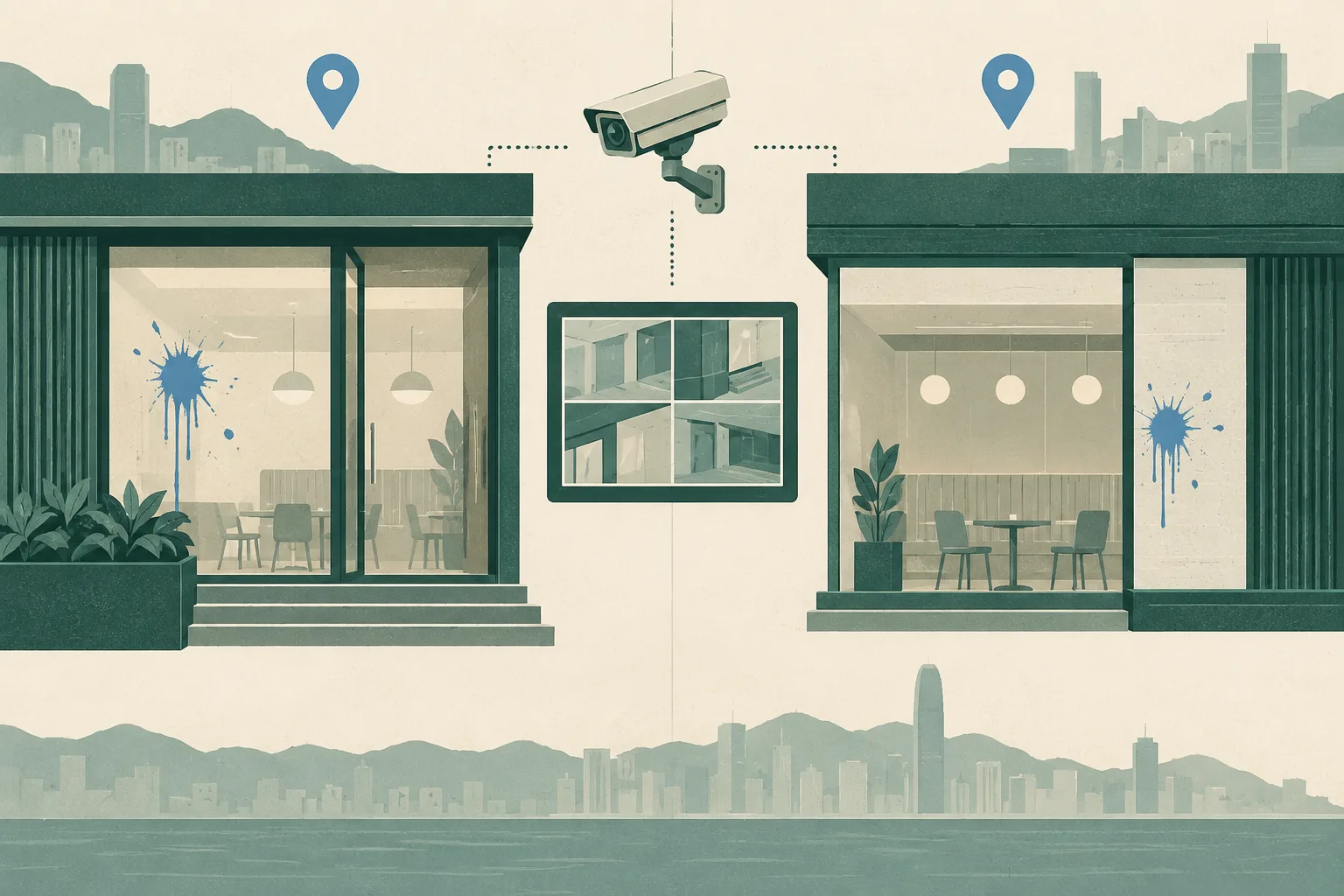 A flat cut-paper illustration of two separate simplified restaurant frontage panels, each with a small abstract paint mark, accompanied by a CCTV camera icon and location tabs for Kwun Tong and Hung Hom.