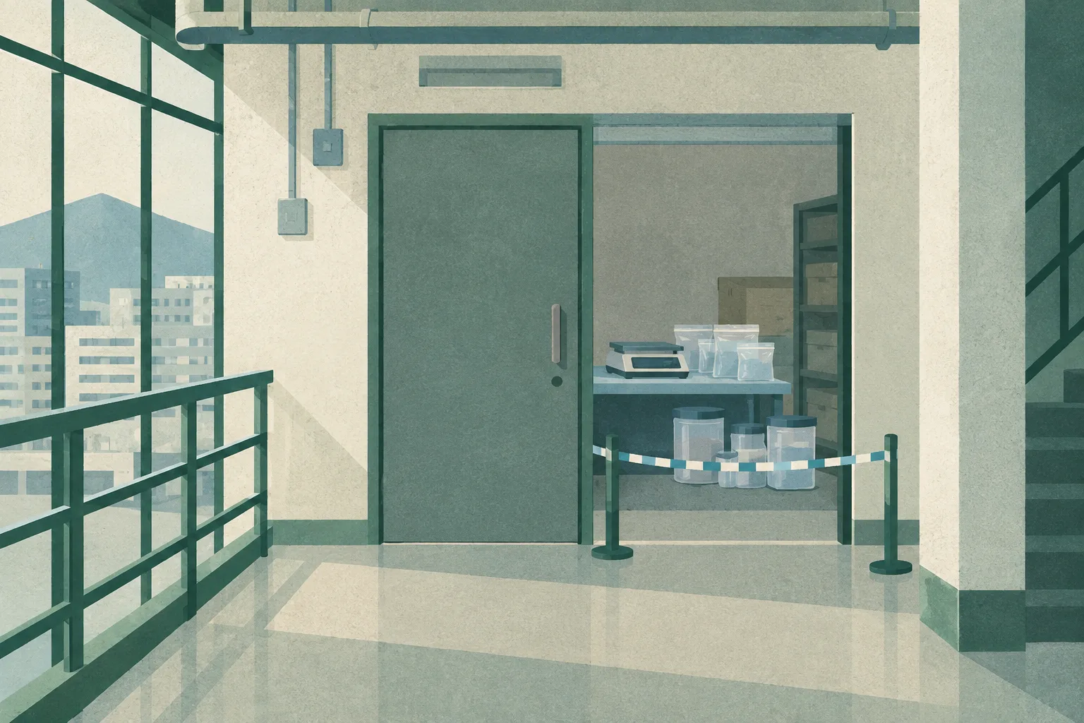 A flat cut-paper illustration of a quiet industrial-building corridor in Tsuen Wan, showing a closed unit door, a simple search boundary line and abstract scale, bag and sealed-container shapes behind the threshold.