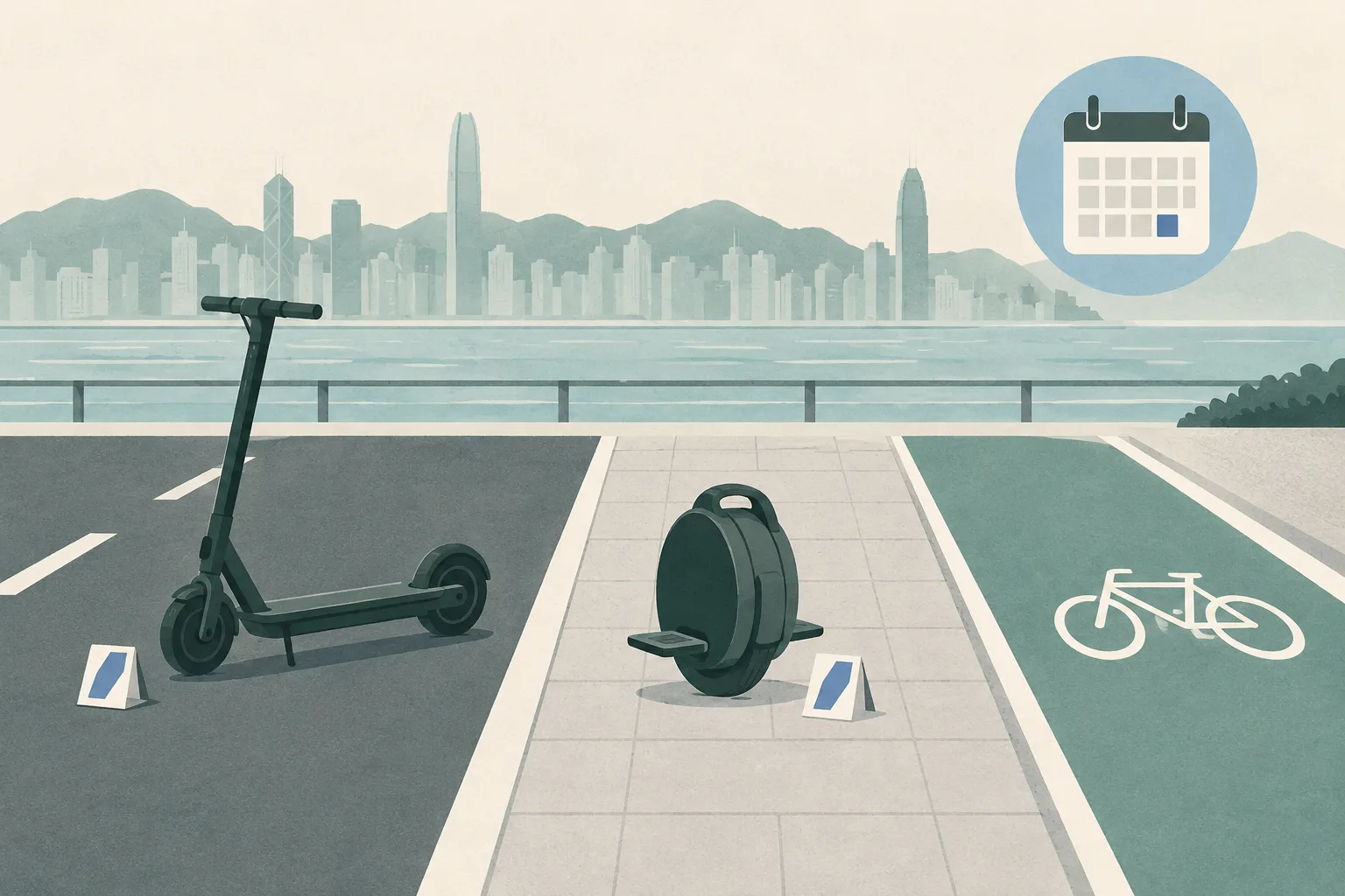 A flat, cut-paper style diagram shows two unoccupied simplified electric mobility devices beside separated bands for a road, pavement and cycle track, with a boundary line, neutral inspection markers and a small late-October calendar symbol.