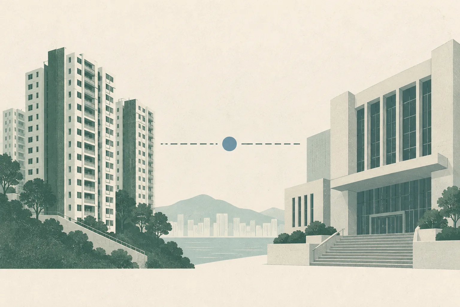 A subdued cut-paper illustration shows a simplified residential apartment block in Heng Fa Chuen and a courthouse facade separated by open space, with a thin interrupted line and a small 18 September 2026 date marker between them.