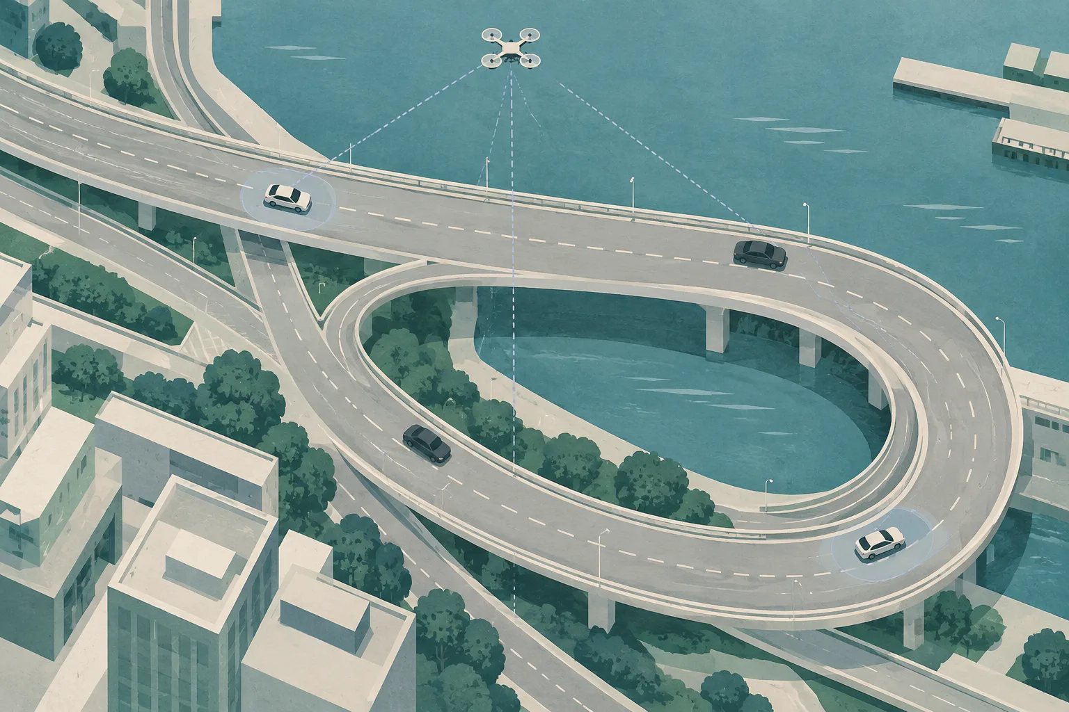 Top-down cut-paper diagram of the Kwun Tong Bypass with looping road lanes, two neutral cars paused at roadside points, a small drone above, and discreet observation paths from unmarked vehicles.