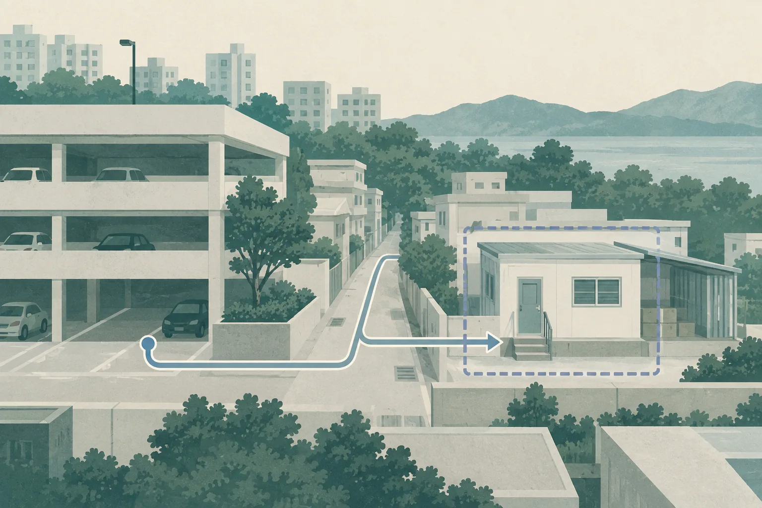 A flat architectural collage of a Tai Po car park, lane and rented structure connected by a thin route line, with the structure enclosed by a simple search-zone boundary and abstract neutral blocks.