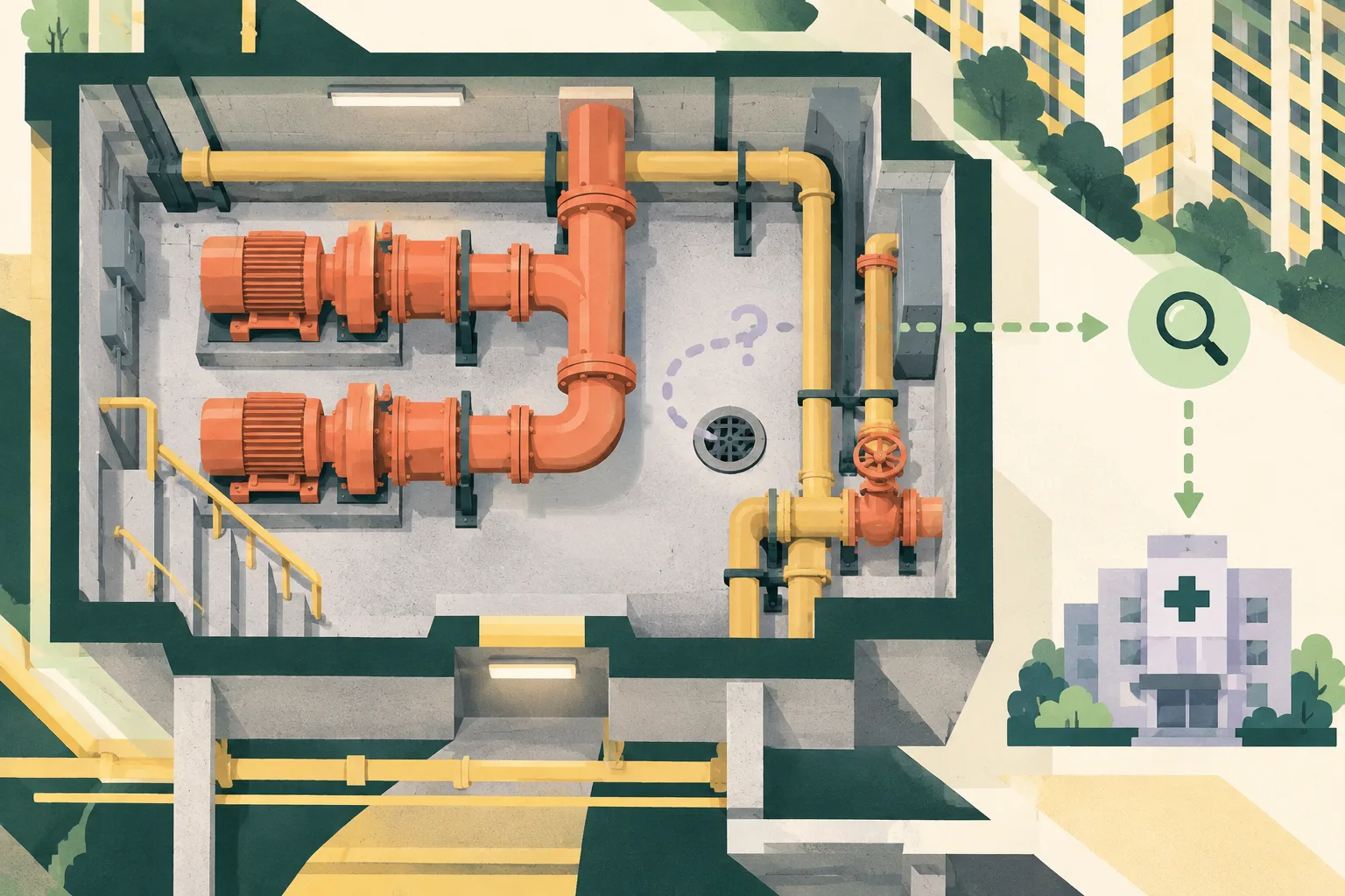 A flat cut-paper diagram of a basement pump room with simplified pipes, a pump, floor drain and broken translucent contour suggesting an unidentified odour; a separate marker indicates follow-up treatment and investigation.