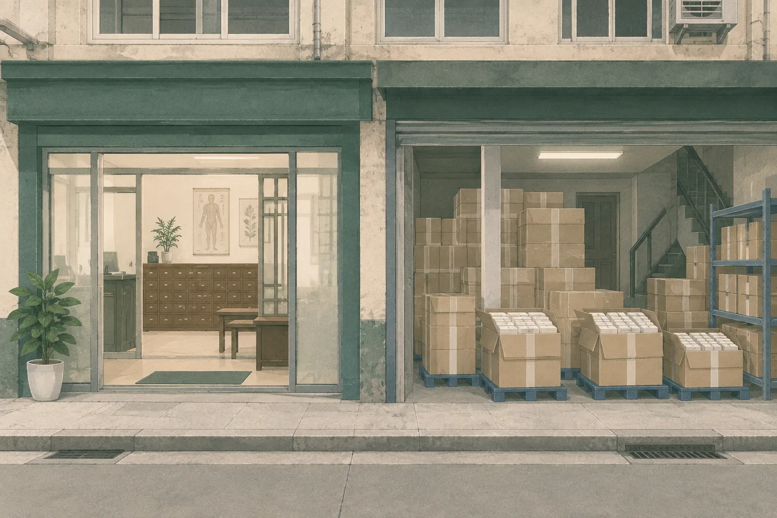 Flat cut-paper illustration of an older tenement clinic frontage with a separated interior storage area containing generic sealed cigarette cartons and abstract evidence markers; no people are shown.