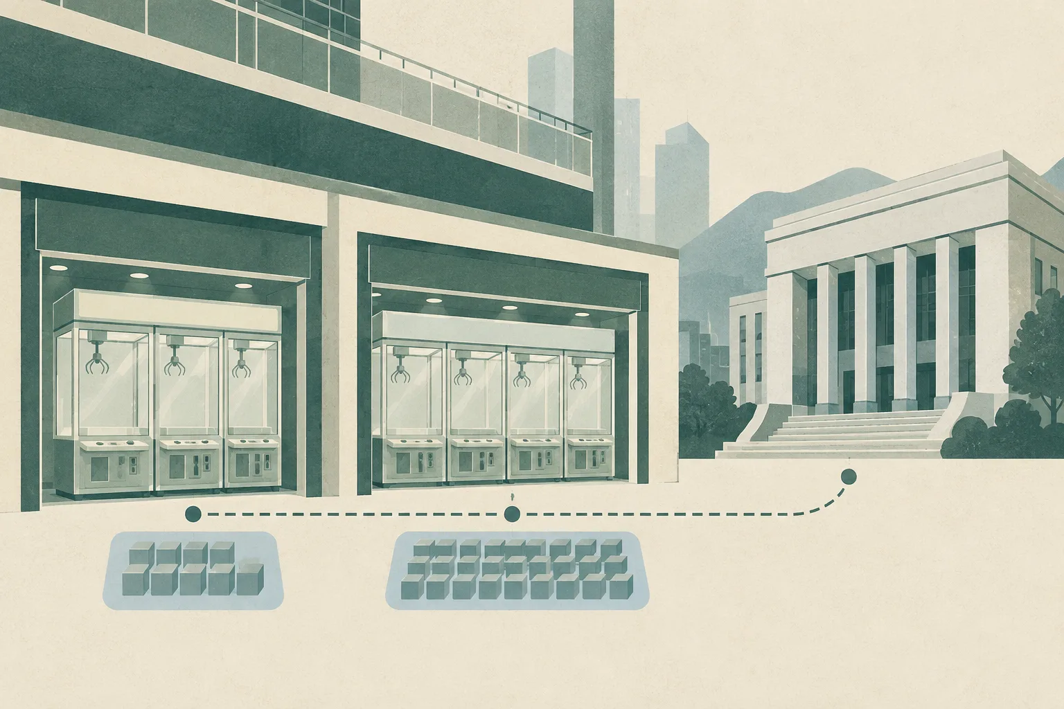 Flat graphic illustration of a shopping-centre arcade with two empty claw-machine bays, grouped abstract quantity blocks, and a simple civic court building linked by an interrupted geometric line.