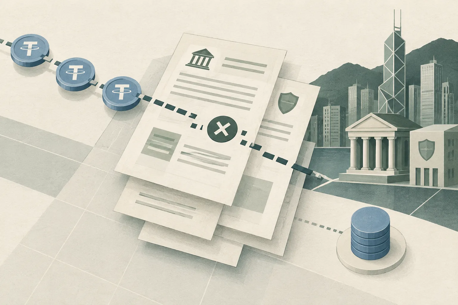 Top-down editorial illustration of layered blank document shapes, a broken verification path, linked digital-value discs and an understated financial-sector grid in muted blue and grey.