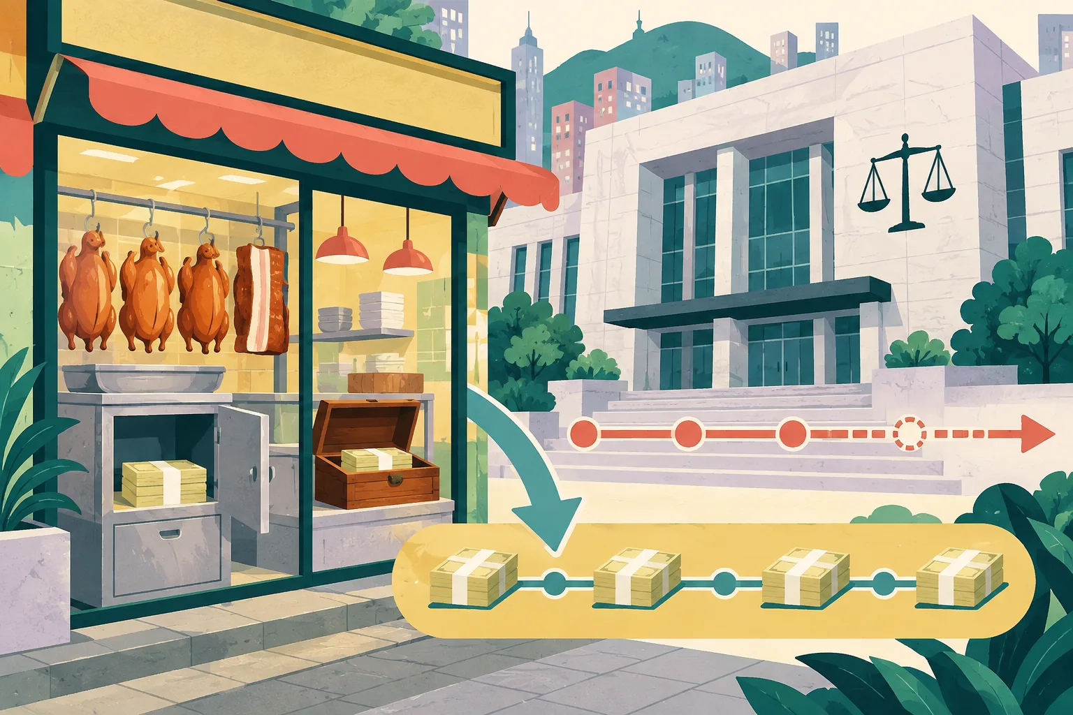 A flat graphic collage shows a simplified Shau Kei Wan roast-meat shop entrance with a metal cabinet and wooden cash box, beside a geometric magistrates’ court frontage. Four connected blocks indicate staged repayment, and an interrupted line suggests a delayed legal process.