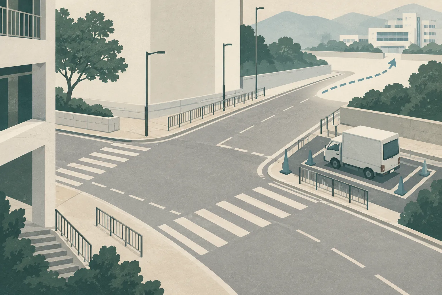 An empty simplified road junction with interrupted crossing bands and a small van-like vehicle set apart inside a bounded examination area, connected by a restrained route line toward a distant hospital block.