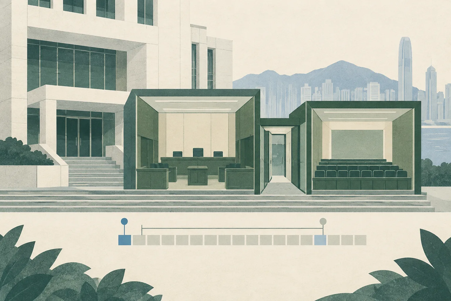 A stylized cut-paper elevation of two adjoining courthouse volumes, with an empty public viewing area and a restrained calendar bar marking a scheduled hearing date and extended trial period.