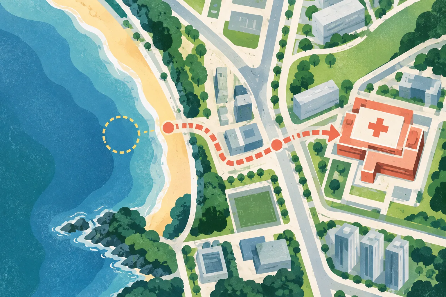 A top-down cut-paper abstraction shows blue shoreline bands beside a simple geometric beach edge, a segmented route leading to a small hospital block, and a boundary marker at the water’s edge.