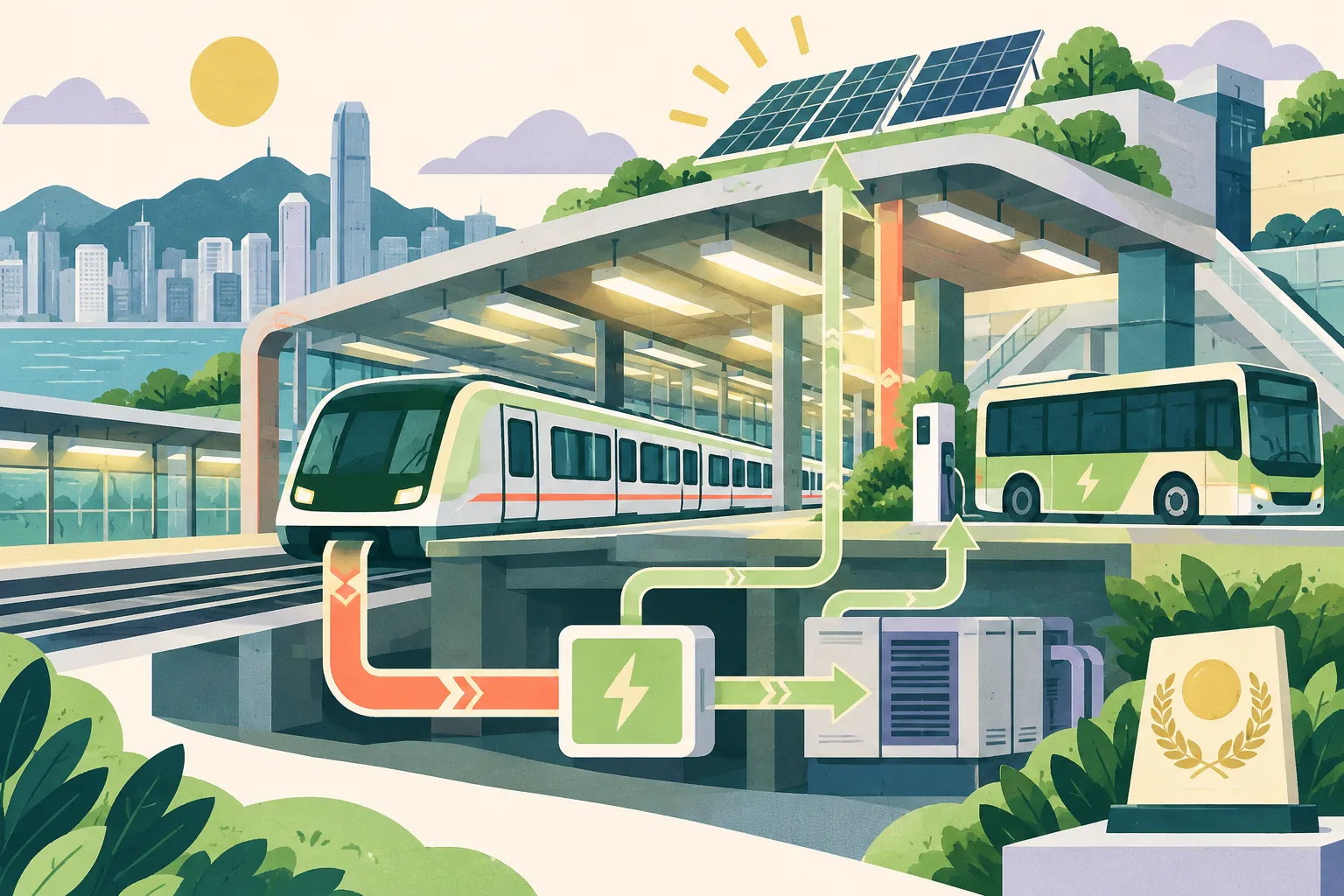A flat cut-paper illustration of a simplified railway station with a train, LED light panels, returning energy arrows, an electric bus, rooftop solar panels and a small award plaque, arranged in a connected low-carbon infrastructure collage.