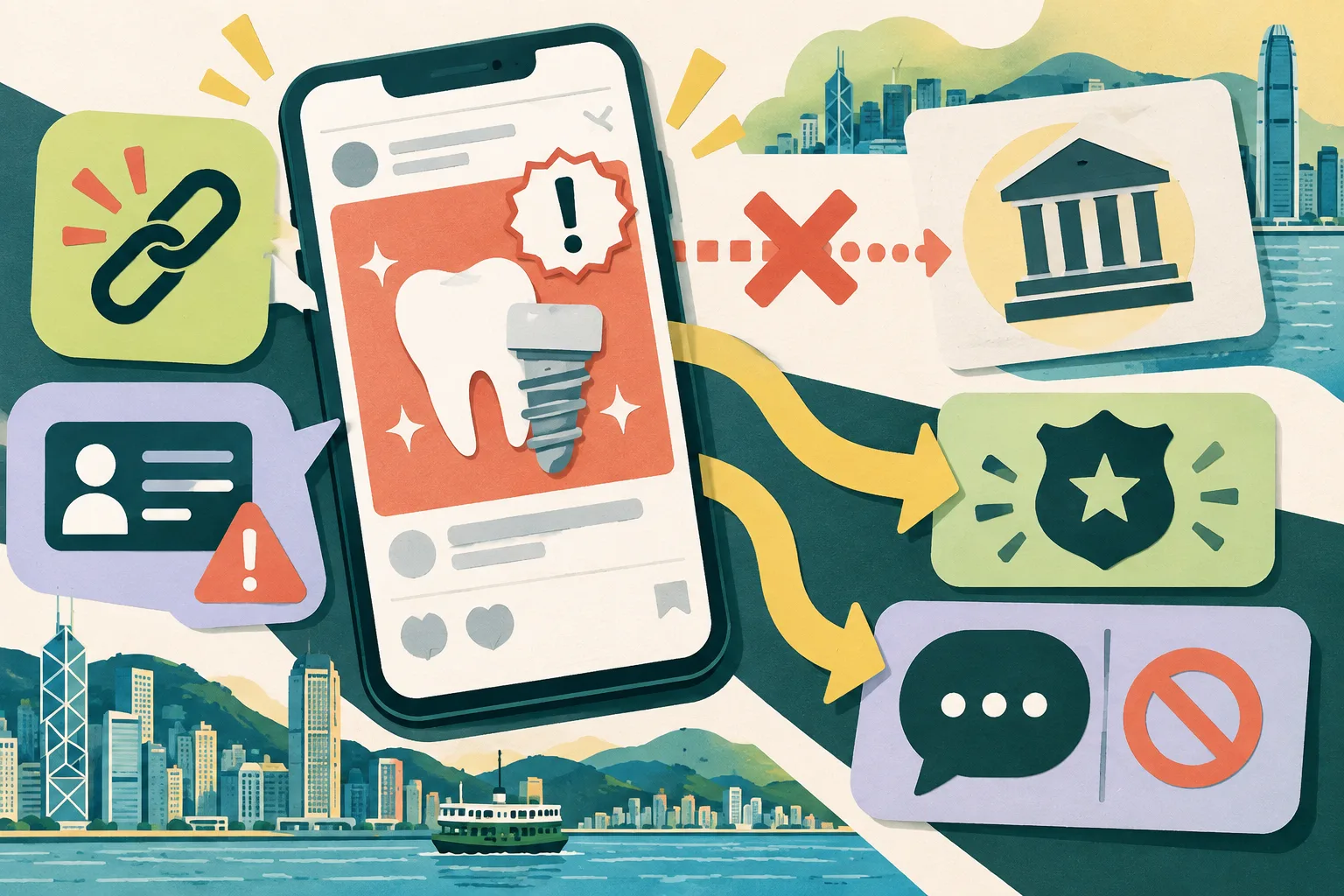 Top-down cut-paper diagram of a smartphone displaying a generic dental-implant advert marked as unverified, with its route interrupted and redirected toward a police-report symbol and a social-platform moderation panel; small unfamiliar-link and personal-information symbols sit nearby.
